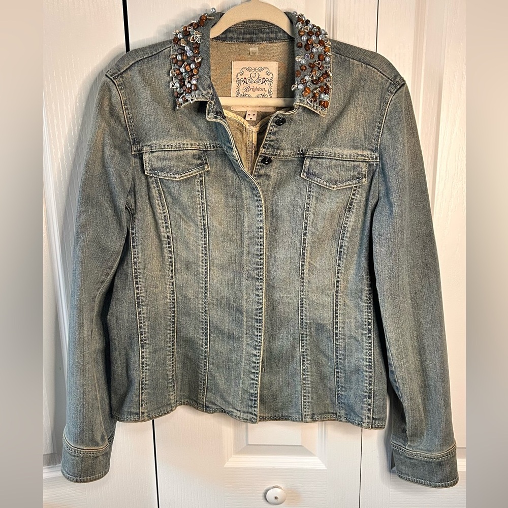 Brighton Womens L Embellished Collar Light Blue Snap Button Denim Jacket Y2K VTG